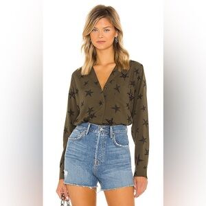 Rails Long Sleeve Button Front Rebel Top in Olive Cheetah Stars - S